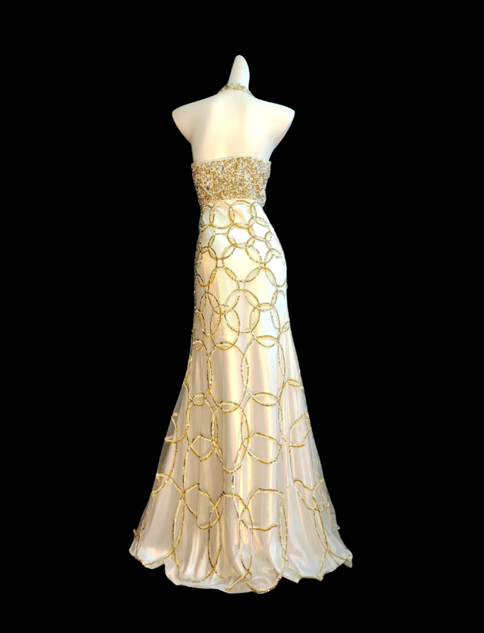 Gorgeous Gold Halter Tulle Sequin Beaded Mermaid Long Party Gown Prom Dress SP353