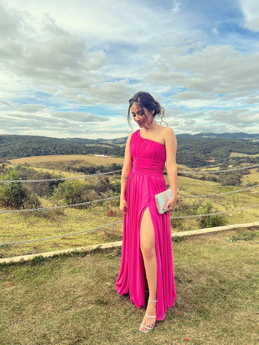 Beautiful One Shoulder Hot Pink Prom Dress With Split Y5109