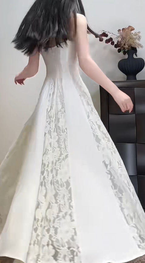 Pretty Spaghetti Straps Off-white Satin Lace A Line Long Prom Dress Party Gown SP426