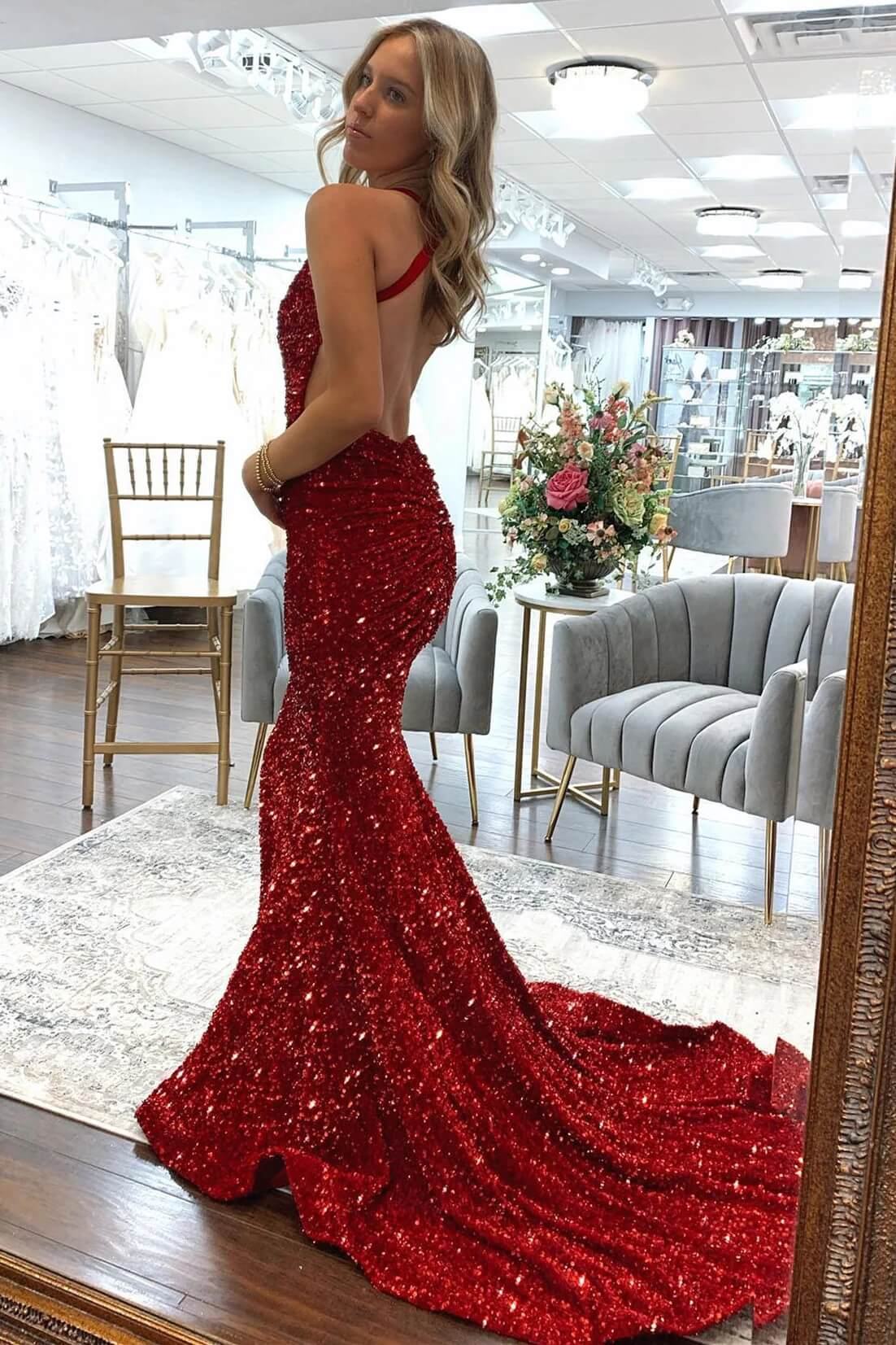 Red Mermaid Formal Dresses Sequins V Neck Long Prom Dress Crossed Back Sweeping Y4290