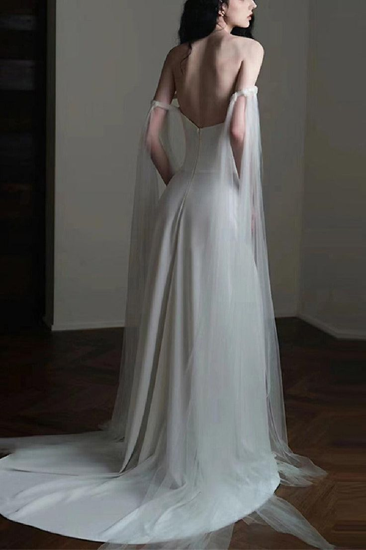 Elegant Off The Shoulder White Satin Wedding Dress,Long Evening Dress Y8739