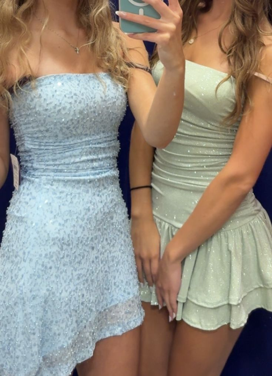 Charming Strapless Blue Sequin Beaded A Line Homecoming Dress,Short Birthday Dress SP2877