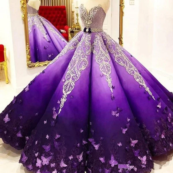 Strapless Butterfly Quinceanera Dress Ombre Purple Ball Gown, Long Prom Dress S11280
