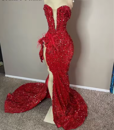 Sparkly Sequined Red Sweetheart Long Prom Dress For Black Girls Feathers Birthday Party Gowns High Slit Evening Gown Y6599