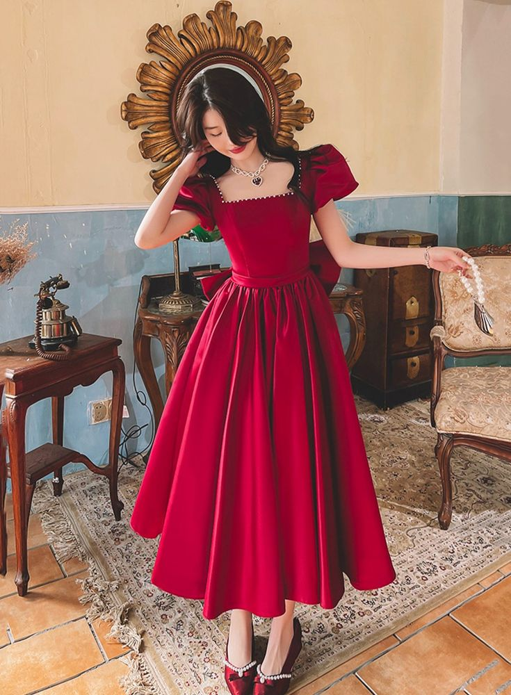 Burgundy Satin Short Prom Dress, Cute A-Line Party Dress with Bow Y5490
