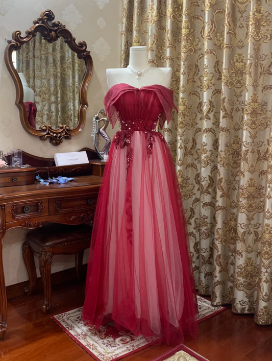 Pretty Red Off The Shoulder Tulle Beaded A Line Long Birthday Prom Dress Evening Dress SP1608