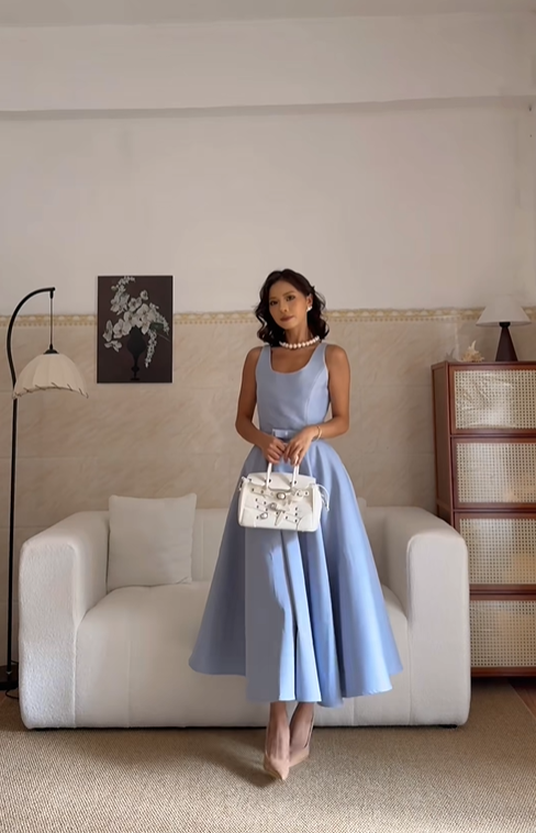 Sweet Blue Sleeveless Satin A Line Birthday Dress Long Party Gowns SP2071