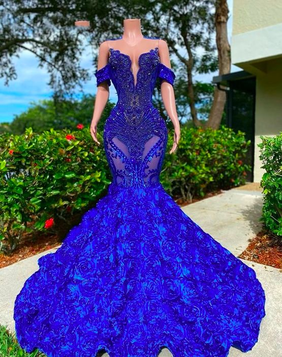 Luxury Royal Blue Ruched Flowers Prom Dresses For Black Girls Off The Shoulder Mermaid Evening Gowns Ruched Flowers Y6642