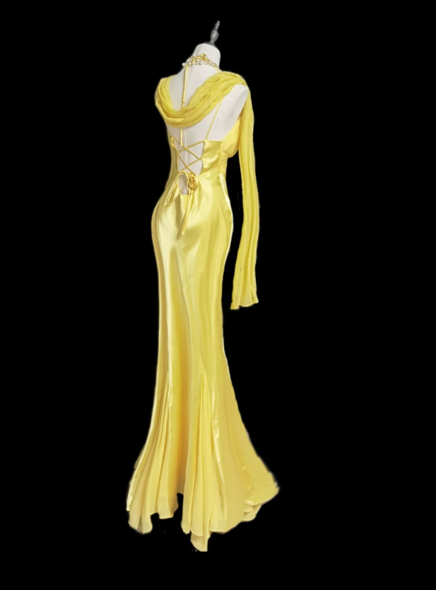 Sexy V Neck Yellow Satin Lace Mermaid Evening Dress Long Birthday Prom Gown SP565