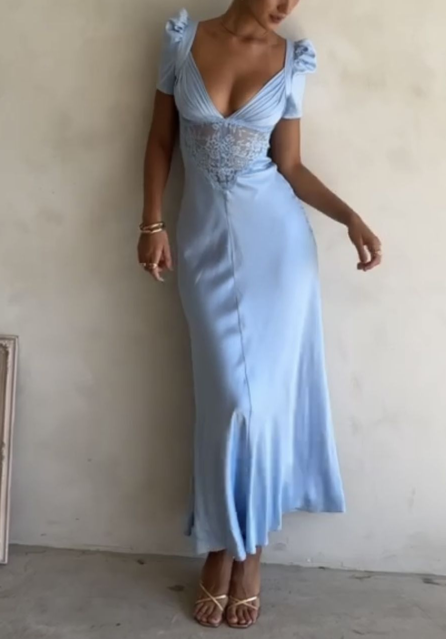 Elegant Blue V Neck Satin Lace Long Birthday Party Dress Formal Prom Dress SP192