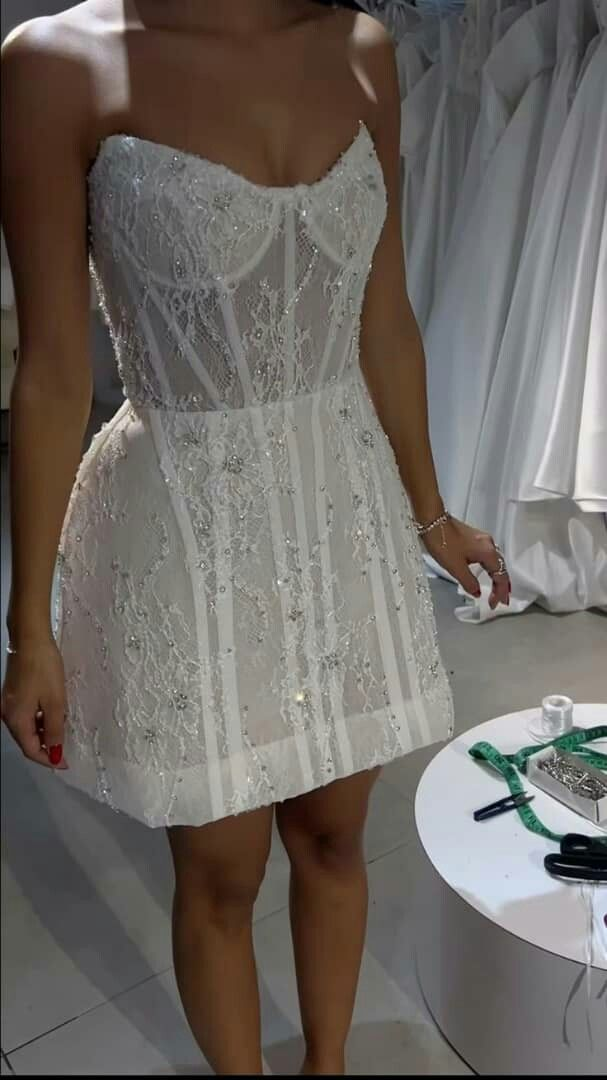 Pretty Strapless White Lace Beaded Short 21st Birthday Outfits Formal Homecoming Dress SP26