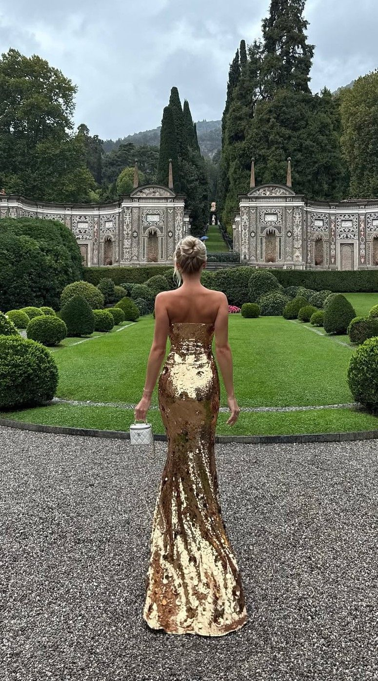 Sparkly Strapless Gold Sequin Mermaid Long Wedding Guest Dress Evening Gown SP1105