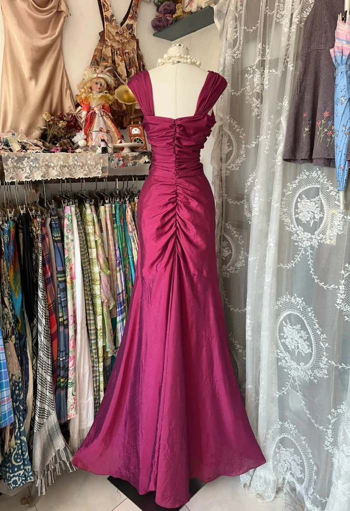 Retro Hot Pink Satin Pleated Mermaid Long Party Dress Prom Gown SP1229