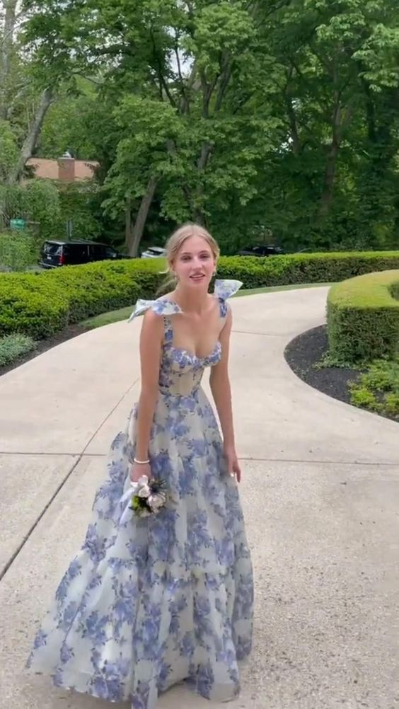 A-line Blue Floral Print Long Prom Dress,Blue Evening Dress Y2560