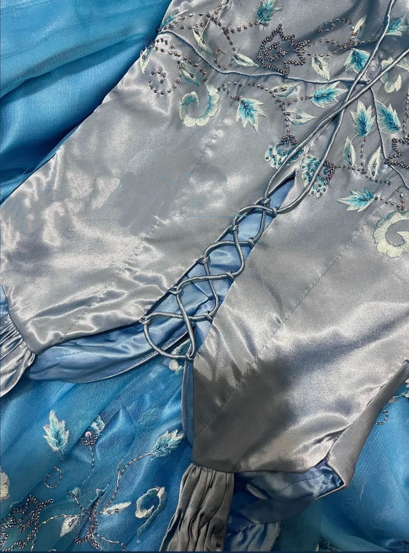 Classy Blue V Neck Satin Embroidery Flowers Beaded Mermaid Party Dress Long Prom Gowns SP411