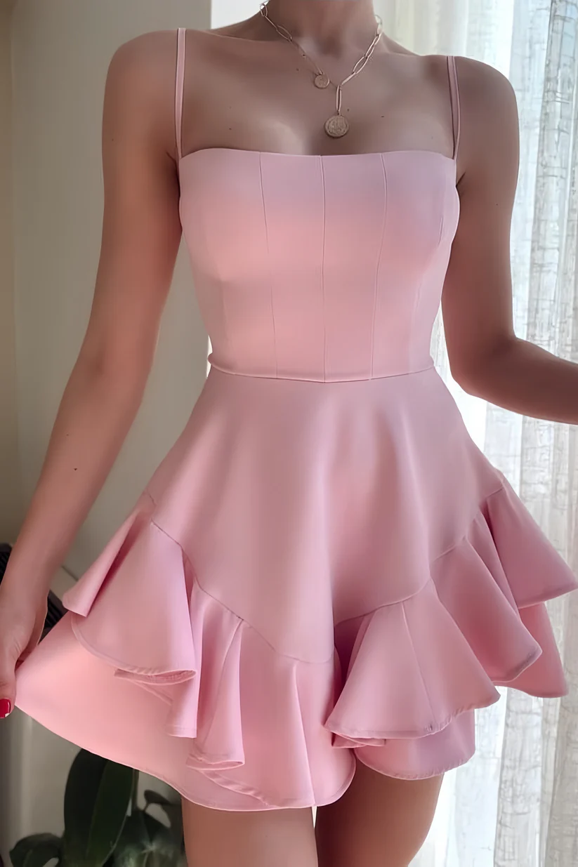 Pretty Pink Spaghetti Straps Satin A Line Ruffle Short Birthday Party Dress Homecoming Dress SP150