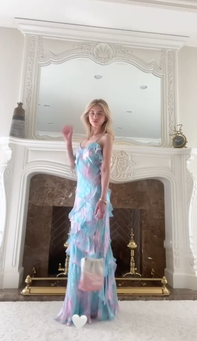 Pretty Spaghetti Straps Blue Chiffon Printed Floral Ruffles Party Dress Long Prom Dress SP221