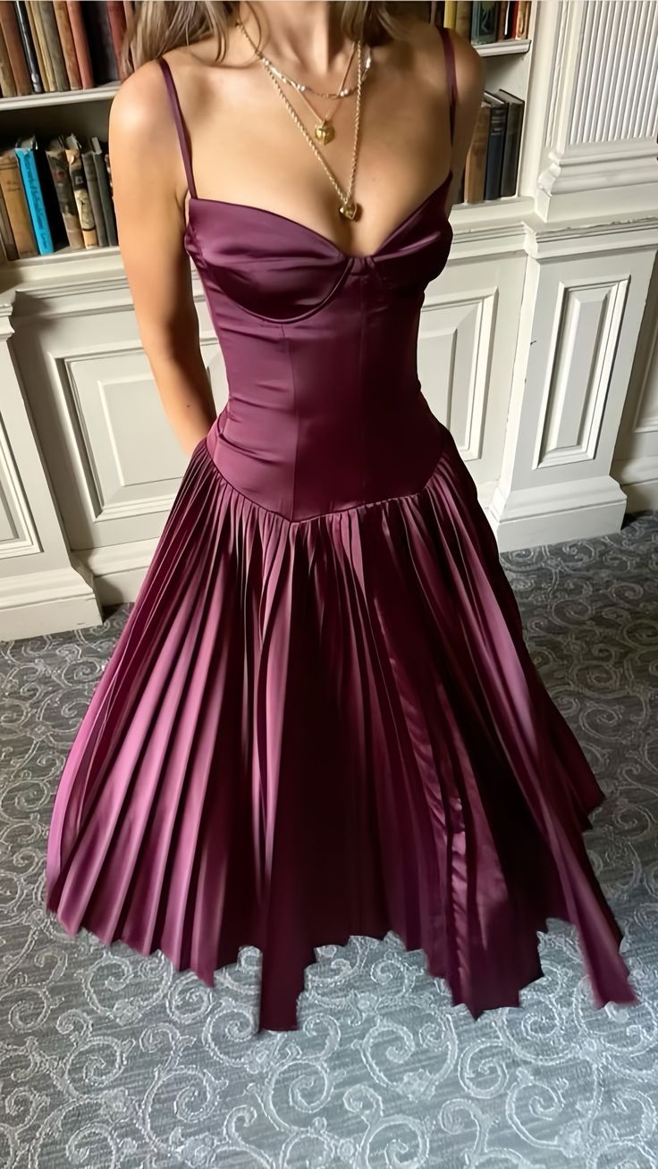 Elegant Spaghetti Straps Satin Pleated Burgundy A Line Bridesmaid Dress Prom Dress SP246