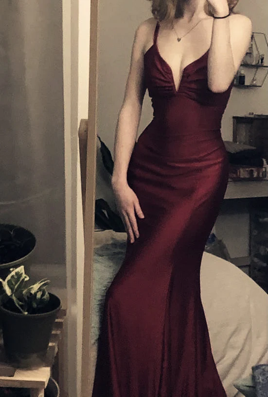 Spaghetti Straps Burgundy Mermaid Long Prom Dress S20254