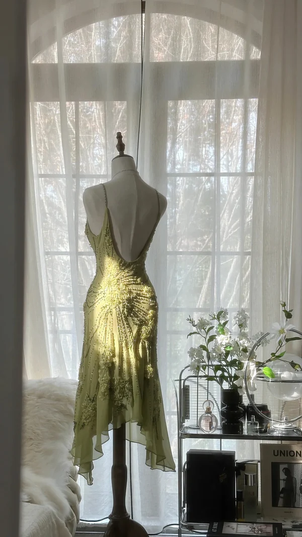 Classy Spaghetti Straps Green Chiffon Beaded Mermaid Cocktail Dress Homecoming Dress Y8854