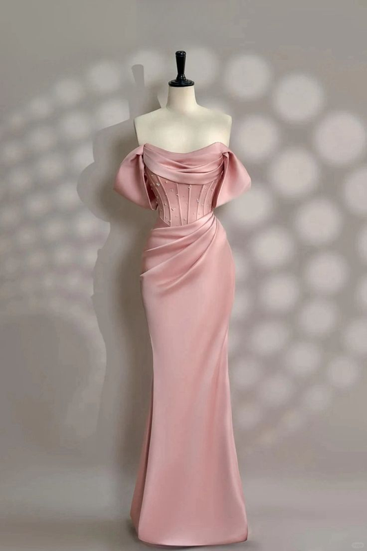 Classy Long Pink Satin Off Shoulder Evening Party Dresses Mermaid Wedding Guest Dresses Y8693