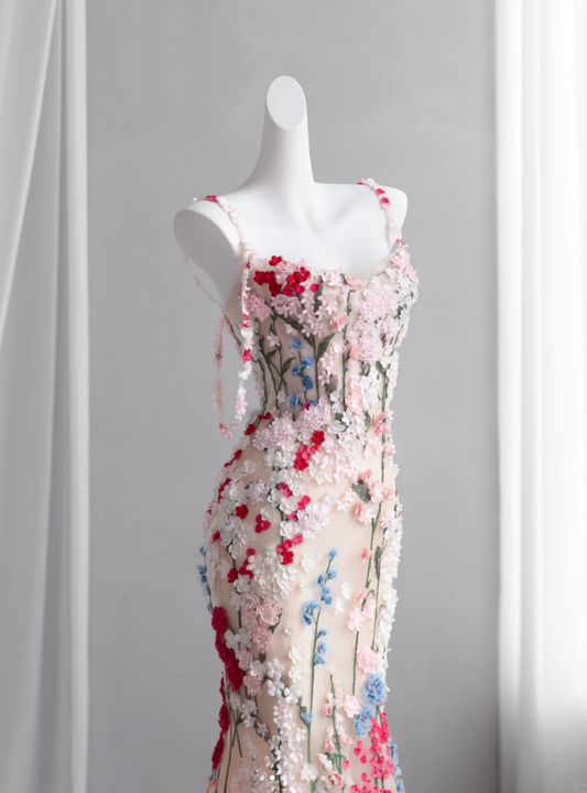 Glamorous Spaghetti Straps Tulle Colorful Appliques Mermaid Long Party Dress Prom Gown SP1514