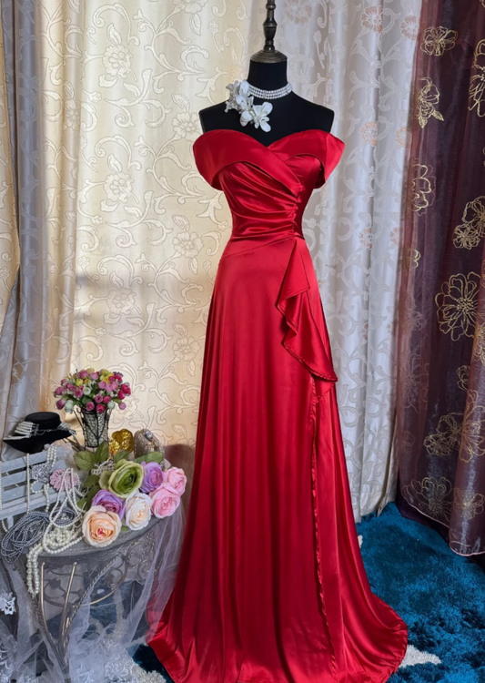 Fashion Red Off The Shoulder Satin Mermaid Long Party Dress Formal Wedding Guest Dress SP1885