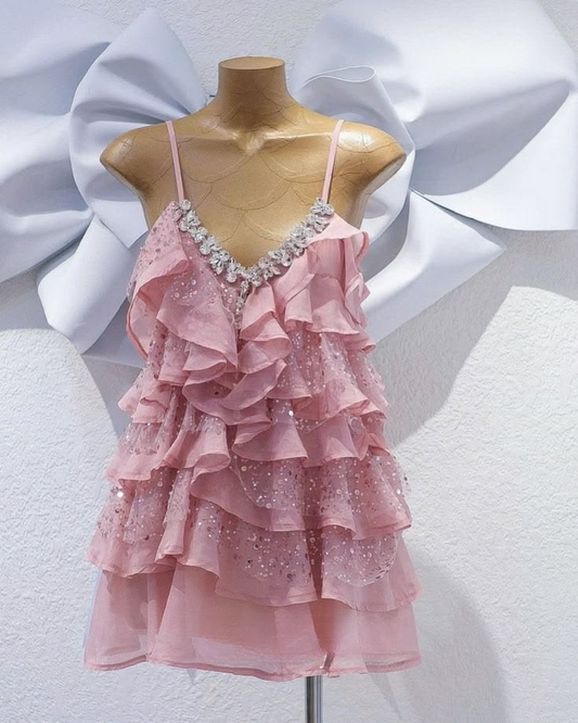 Charming Spaghetti Straps Chiffon Sequin Beaded Layered Short Birthday Dress,Pink Homecoming Dress SP2656
