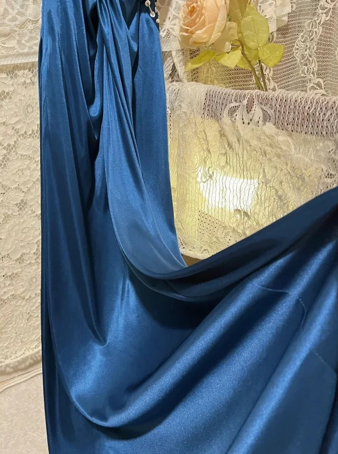 Sexy Navy Blue Halter V Neck Satin Pleated Beaded Mermaid Party Dress Long Wedding Guest Dress SP408