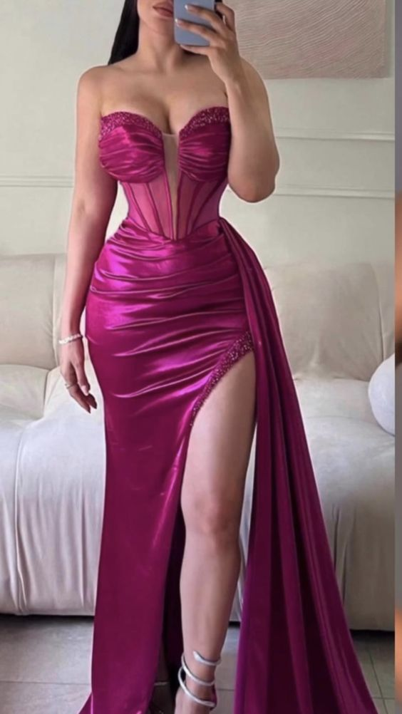Mermaid Fuchsia Satin Strapless Prom Dress With Slit Y4044