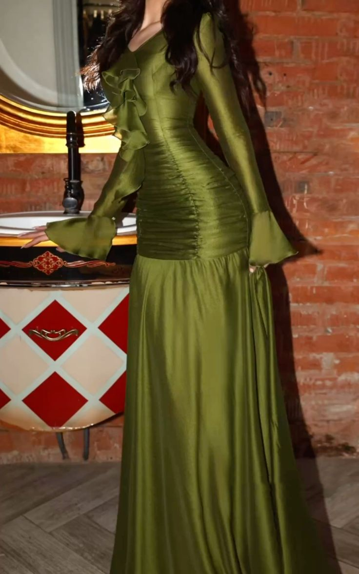 Elegant Olive Green V Neck Satin Pleated Mermaid Party Dress Long Wedding Guest Dress SP901