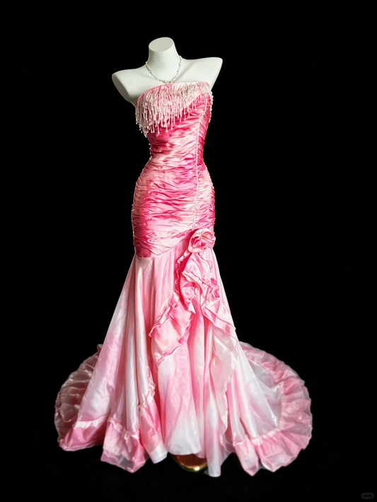 Dreamy Gradient Pink Strapless Satin Mermaid Formal Prom Gown, Crystal Fringe Trim Ruched Bodycon Ruffled Long Party Dress SP2738