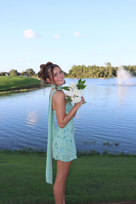 Elegant Mint Green Satin Sequin Beaded Short Homecoming Dress,Strapless Mini Cocktail Dress With Scarf SP2950