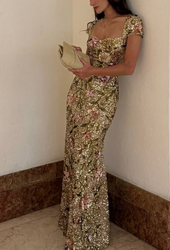 Gorgeous Gold Sequin Flowers Mermaid Long Prom Gown Evening Dress SP561