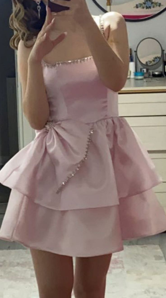 Cute Pink Beaded Layered Homecoming Dress Short Birthday Dress With Bow Y8828