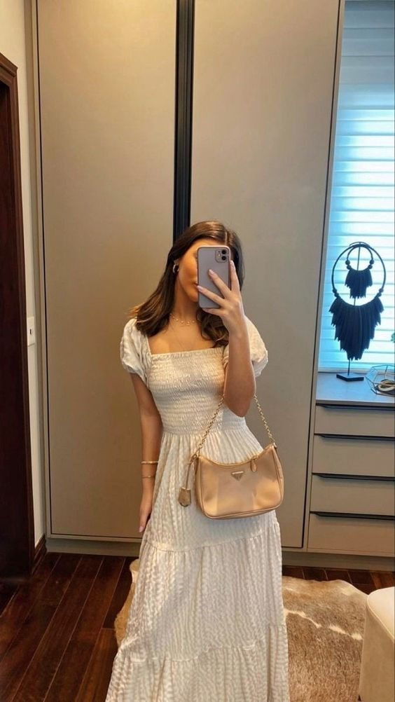 Vintage Square Neckline White Long Prom Dress,White Summer Vacation Dress Y6827