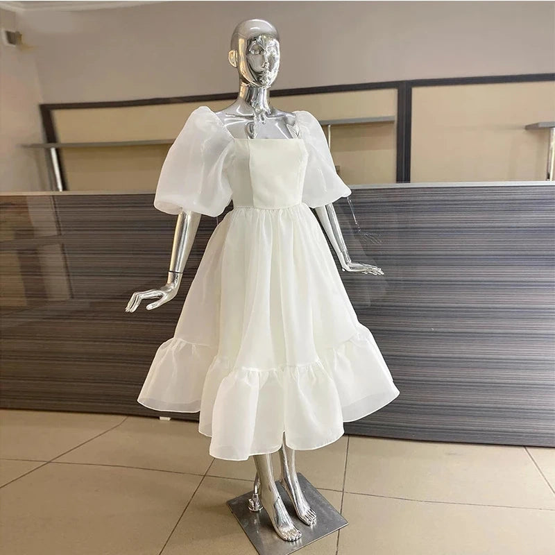 Retro Style Square Neckline A-line Prom Dress With Puff Sleeves Y6869