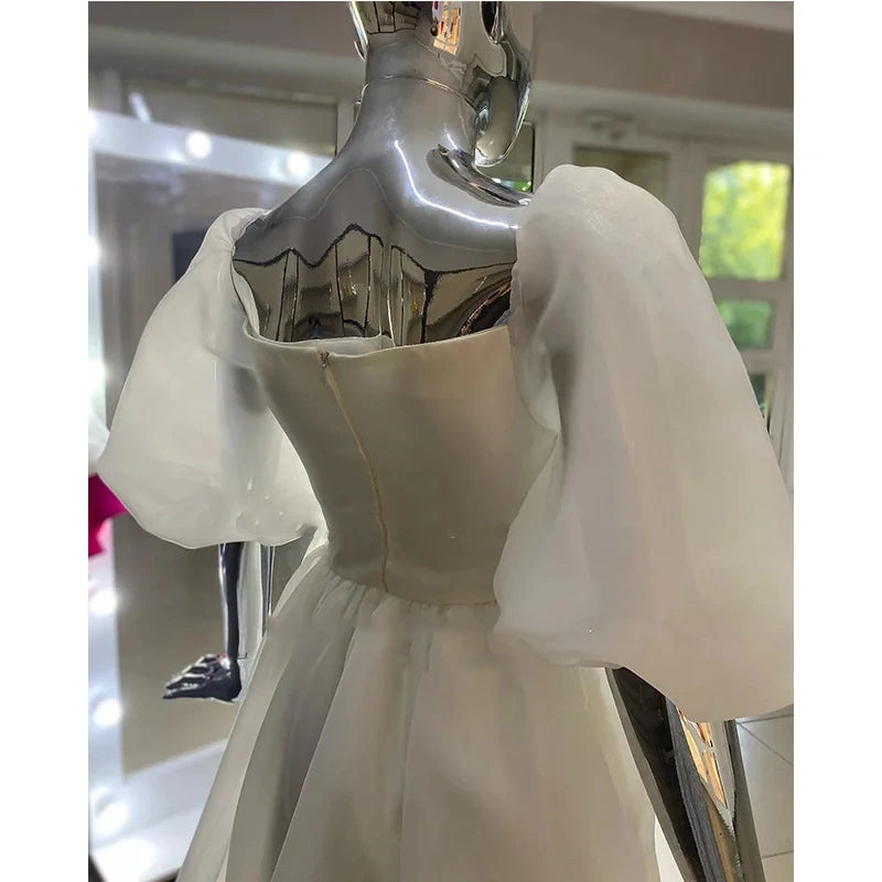 Retro Style Square Neckline A-line Prom Dress With Puff Sleeves Y6869