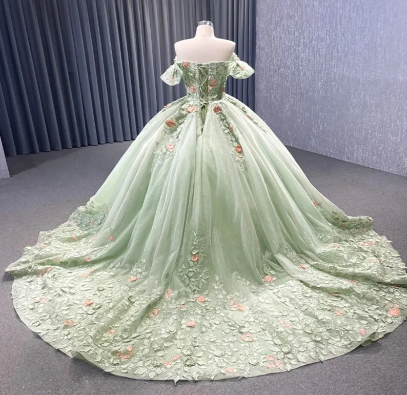 Matcha Green Off The Shoulder Floral Appliqués Shimmering Lace Up Back Quinceañera Pageant Special Occasion Gala Ball Gown Y2190