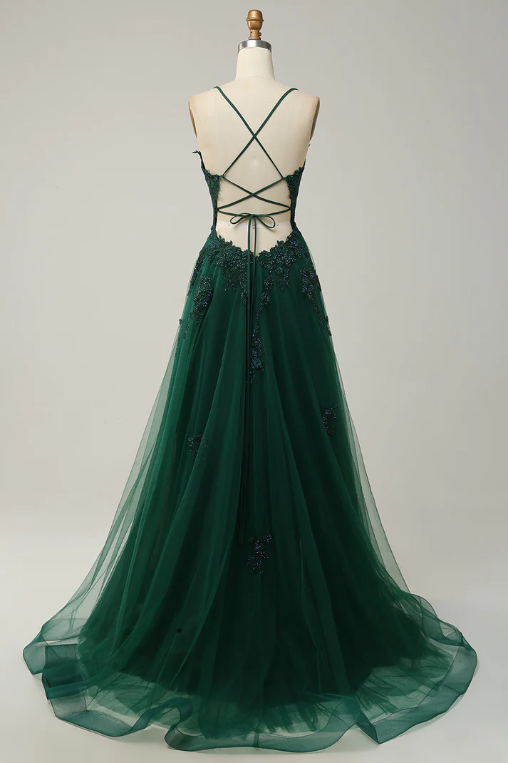 Hunter Green Plunging V Neck Appliques Lace-Up A-line Long Prom Dress Y4243