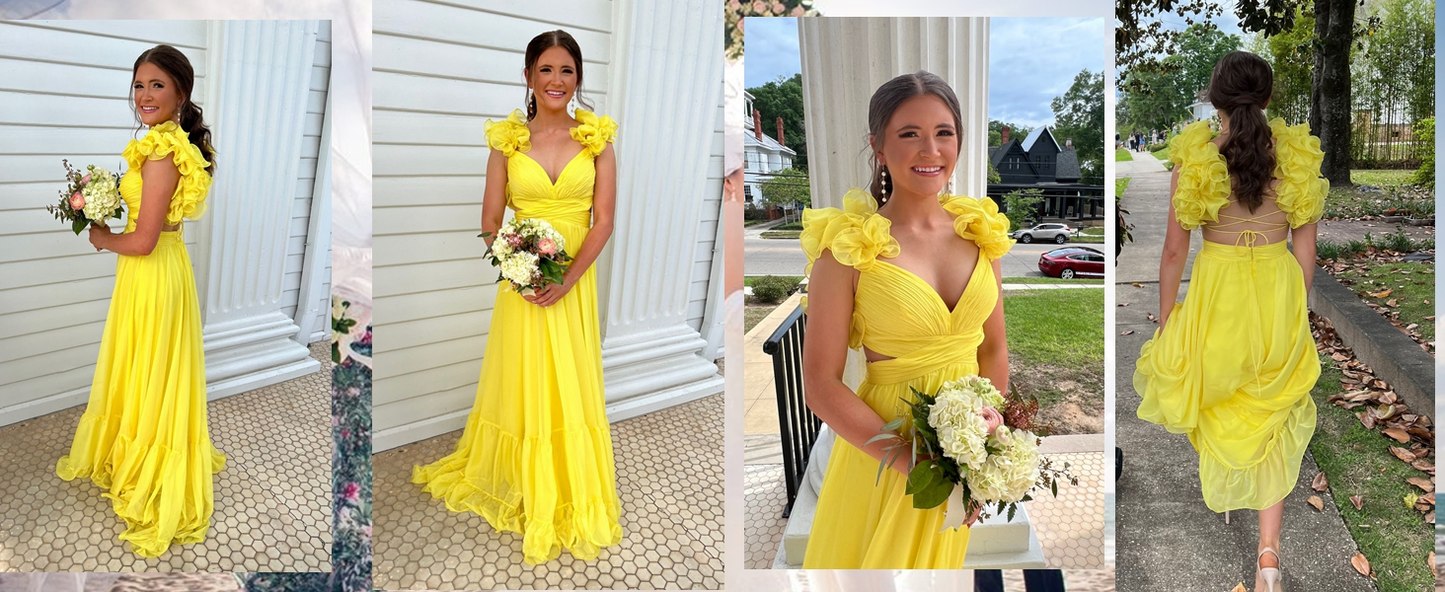 Chiffon A Line Ruffle Prom Dresses for Women V Neck Long Bridesmaid Dresses Backless Formal Evening Gowns Y3043