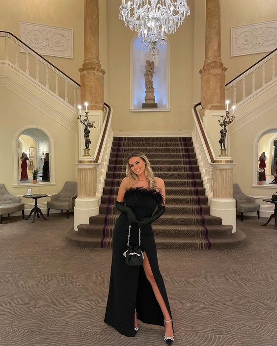 Classy Black Feather Formal Dress,Black Evening Dress With Split Y6391