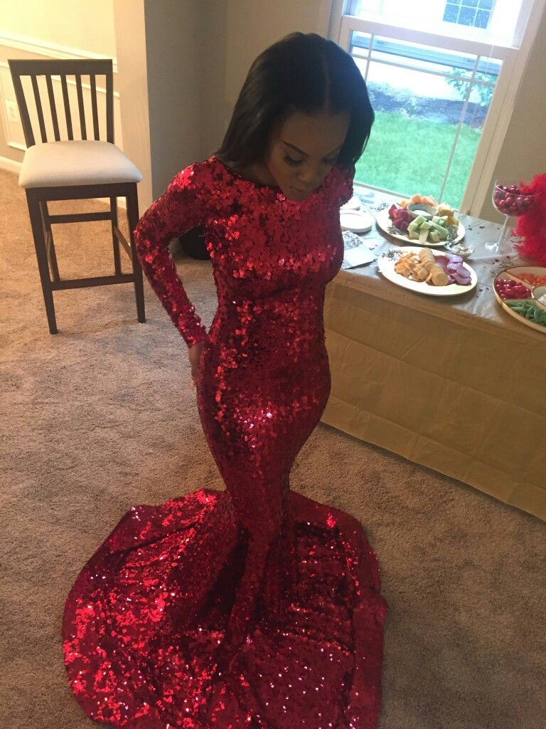 Sparkly Red Sequin Mermaid Evening Dress Long Birthday Outfits SP740