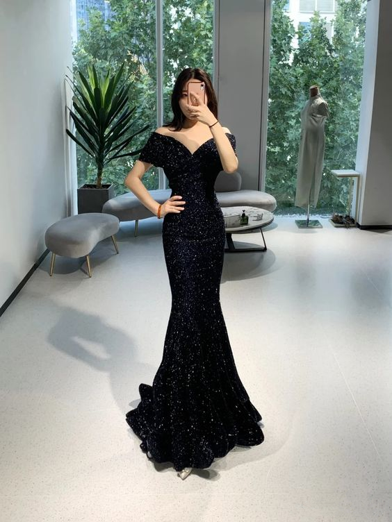 Off The Shoulder Black Mermaid Prom Dress,Black Evening Dress Y4022