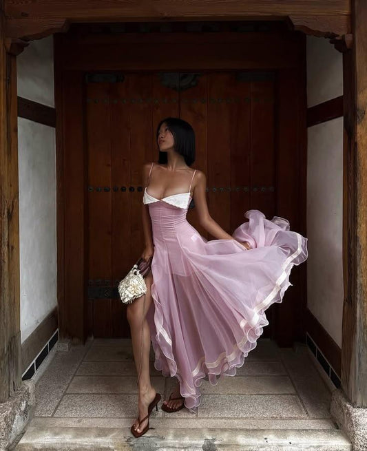Classy Spaghetti Straps Lilac Chiffon Slit Mermaid Long Party Dress Evening Gown SP2687