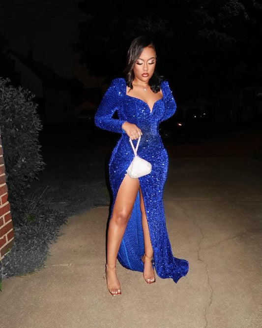 Shiny Royal Blue Sequins Evening Dress,Formal Gown,Graduation Dress Y1868