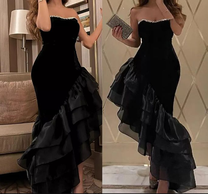 Sexy Strapless Black Mermaid Ruffles Evening Dress Formal Prom Dress Y7697