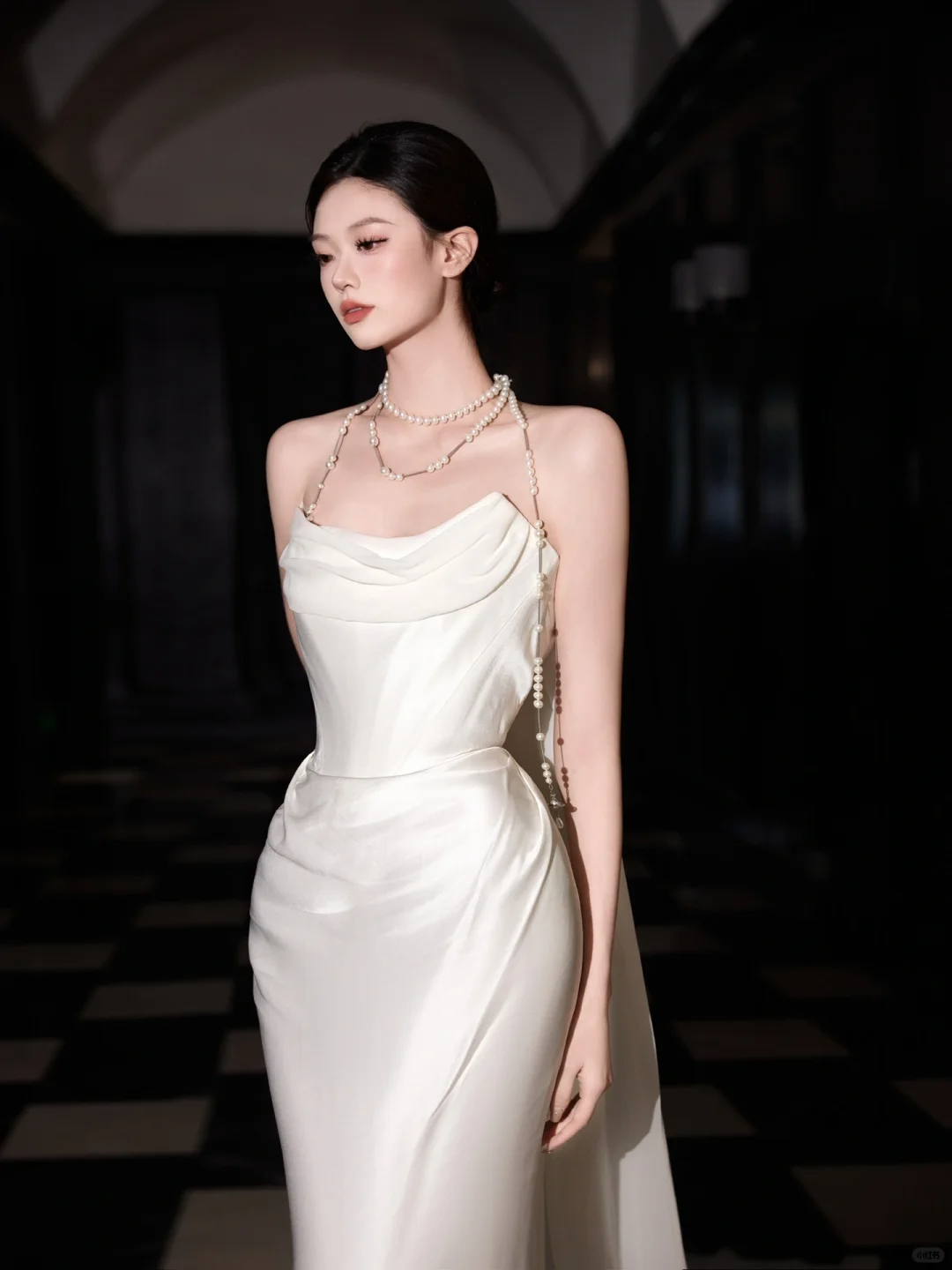 Classy White Satin Chiffon Mermaid Prom Dress,Strapless Long Wedding Dress Y8591