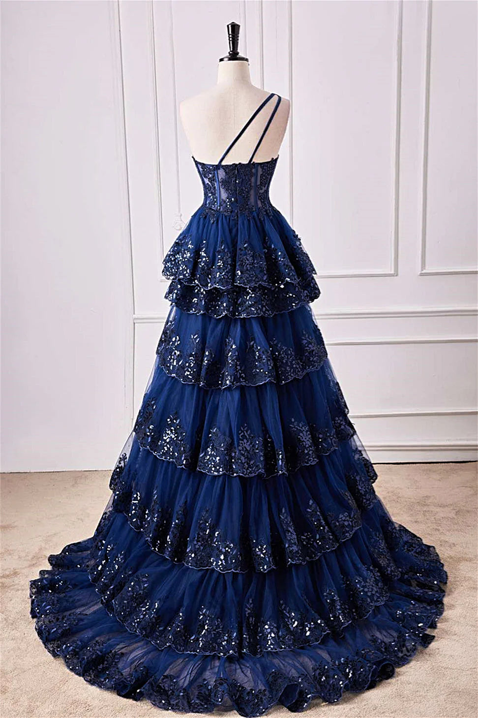 One Shoulder Appliques Ruffle Prom Dress Y6597
