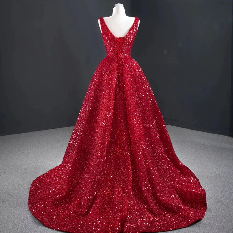 V-neck Long A-line Hi-low Red Sequin Prom Dresses, Long Prom Dresses Y763